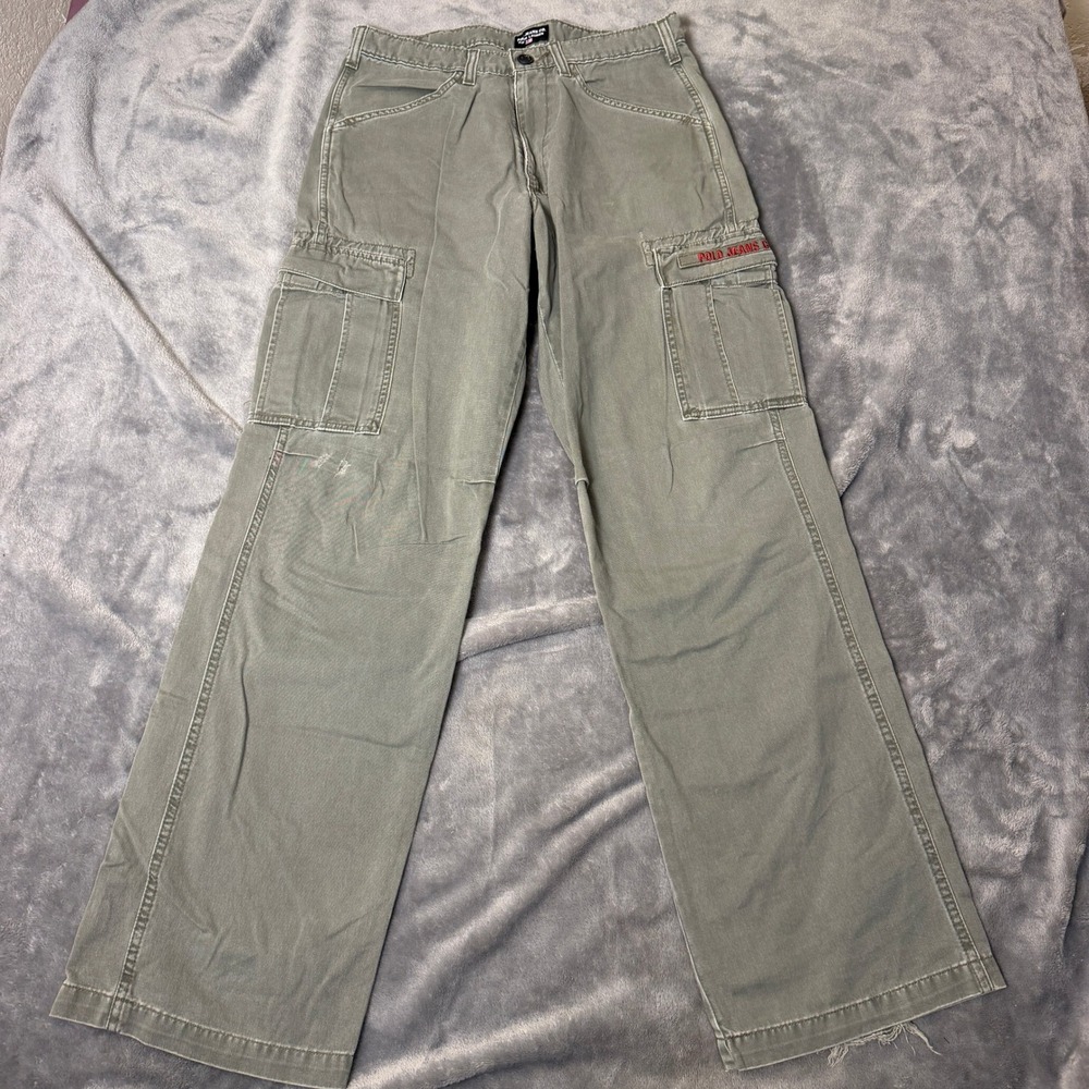 Polo Jeans Co Ralph Lauren Mens 30x34 Green Cargo Pants Wide Leg Freighter Pants